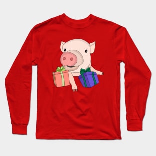 Pig Playing with Gift Boxes Long Sleeve T-Shirt